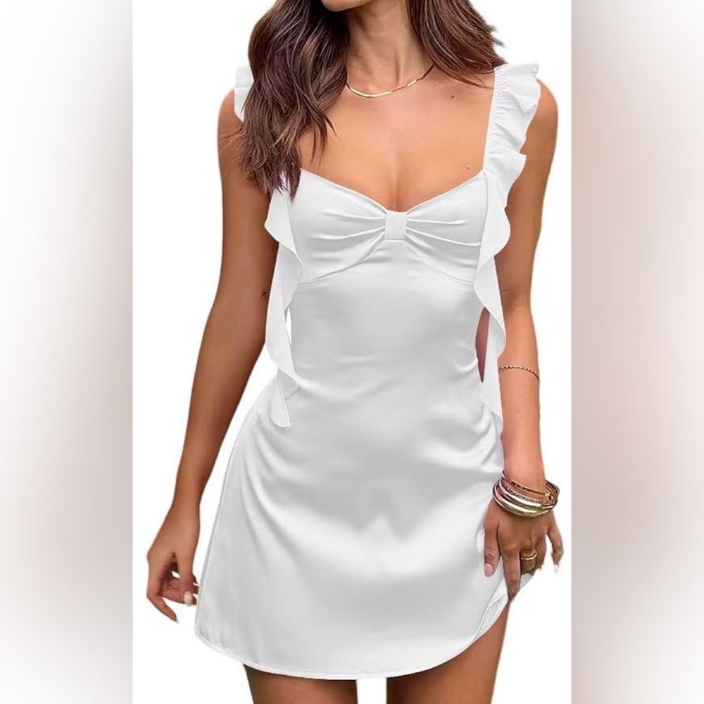 White Satin Ruffle Mini Dress — NWT
